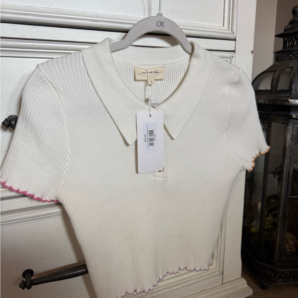 Cropped Ribbed Polo Top in White with Pink & Orange Trim